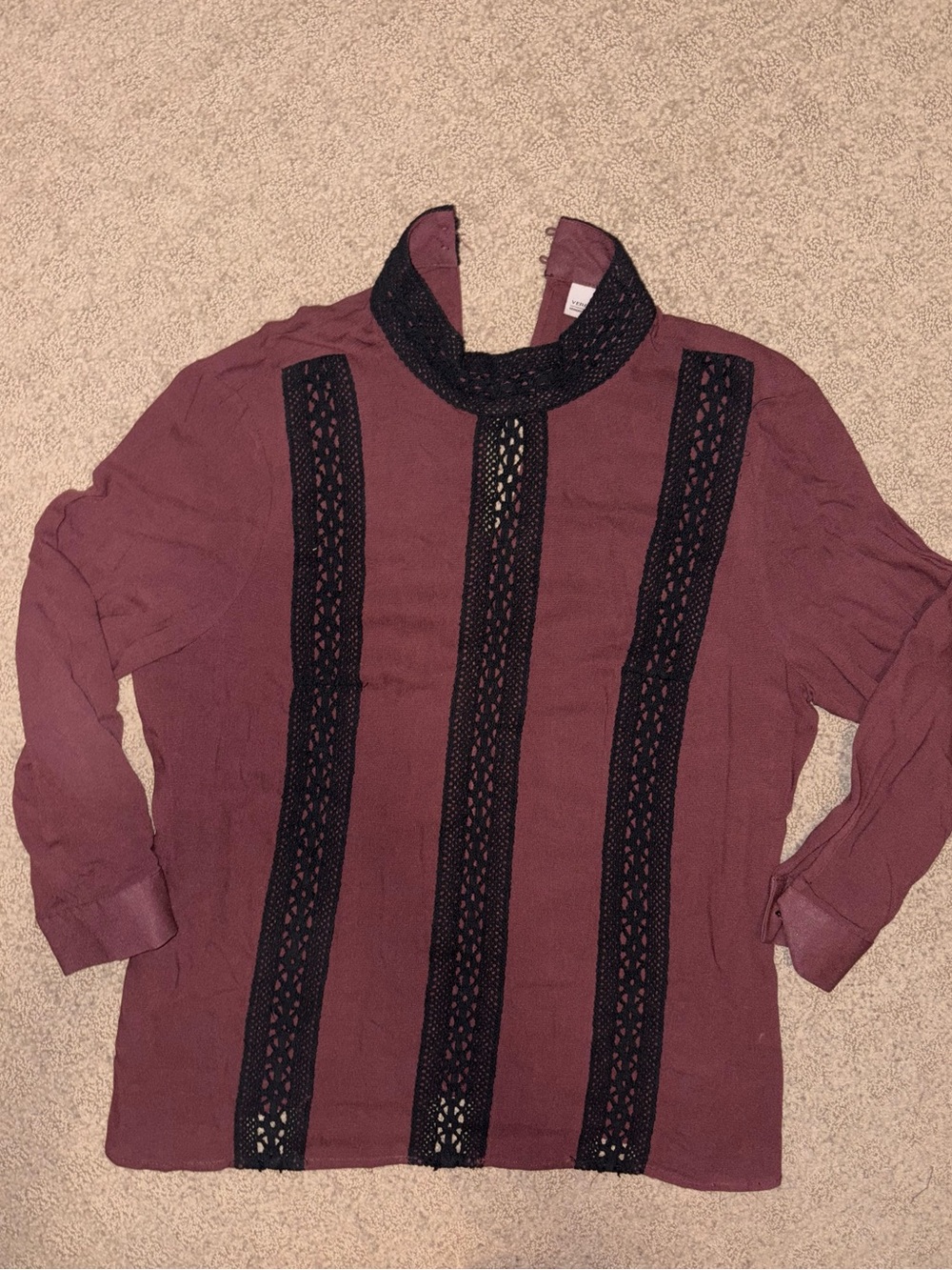 Vero Moda Plum Burgundy Long-Sleeve Top with Black Lace Panels, Women’s Size XS